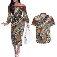 Bula Fiji Classic Masi Tapa Couples Matching Off The Shoulder Long Sleeve Dress and Hawaiian Shirt Vintage Brown LT7 Brown - Polynesian Pride