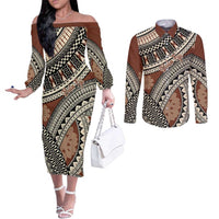 Bula Fiji Classic Masi Tapa Couples Matching Off The Shoulder Long Sleeve Dress and Long Sleeve Button Shirt Vintage Brown LT7 Brown - Polynesian Pride