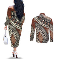 Bula Fiji Classic Masi Tapa Couples Matching Off The Shoulder Long Sleeve Dress and Long Sleeve Button Shirt Vintage Brown LT7 - Polynesian Pride