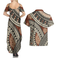 Bula Fiji Classic Masi Tapa Couples Matching Summer Maxi Dress and Hawaiian Shirt Vintage Brown LT7 - Polynesian Pride