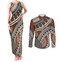 Bula Fiji Classic Masi Tapa Couples Matching Tank Maxi Dress and Long Sleeve Button Shirt Vintage Brown LT7 Brown - Polynesian Pride