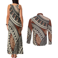 Bula Fiji Classic Masi Tapa Couples Matching Tank Maxi Dress and Long Sleeve Button Shirt Vintage Brown LT7 - Polynesian Pride