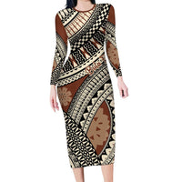 Bula Fiji Classic Masi Tapa Family Matching Long Sleeve Bodycon Dress and Hawaiian Shirt Vintage Brown LT7 Mom's Dress Brown - Polynesian Pride