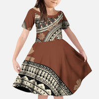 Bula Fiji Classic Masi Tapa Family Matching Off The Shoulder Long Sleeve Dress and Hawaiian Shirt Vintage Brown LT7 Daughter's Dress Brown - Polynesian Pride