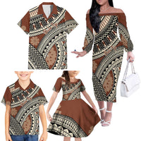 Bula Fiji Classic Masi Tapa Family Matching Off The Shoulder Long Sleeve Dress and Hawaiian Shirt Vintage Brown LT7 - Polynesian Pride