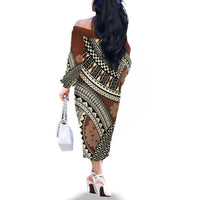 Bula Fiji Classic Masi Tapa Family Matching Off The Shoulder Long Sleeve Dress and Hawaiian Shirt Vintage Brown LT7 - Polynesian Pride