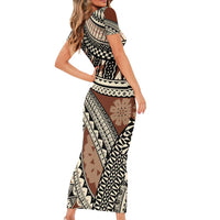 Bula Fiji Classic Masi Tapa Short Sleeve Bodycon Dress Vintage Brown - Polynesian Pride