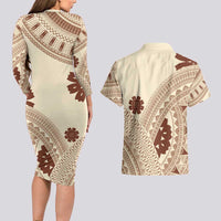 Bula Fiji Classic Masi Tapa Couples Matching Long Sleeve Bodycon Dress and Hawaiian Shirt Vintage Beige LT7 - Polynesian Pride