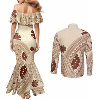 Bula Fiji Classic Masi Tapa Couples Matching Mermaid Dress and Long Sleeve Button Shirt Vintage Beige LT7 - Polynesian Pride