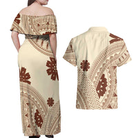 Bula Fiji Classic Masi Tapa Couples Matching Off Shoulder Maxi Dress and Hawaiian Shirt Vintage Beige LT7 - Polynesian Pride