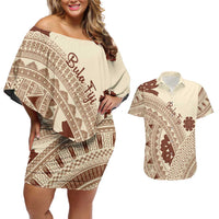 Bula Fiji Classic Masi Tapa Couples Matching Off Shoulder Short Dress and Hawaiian Shirt Vintage Beige LT7 Beige - Polynesian Pride
