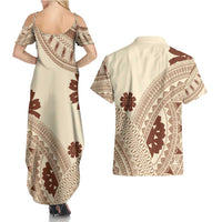 Bula Fiji Classic Masi Tapa Couples Matching Summer Maxi Dress and Hawaiian Shirt Vintage Beige LT7 - Polynesian Pride