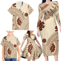 Bula Fiji Classic Masi Tapa Family Matching Long Sleeve Bodycon Dress and Hawaiian Shirt Vintage Beige LT7 - Polynesian Pride