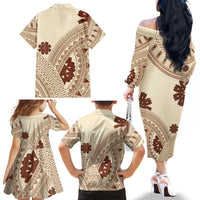 Bula Fiji Classic Masi Tapa Family Matching Off The Shoulder Long Sleeve Dress and Hawaiian Shirt Vintage Beige LT7 - Polynesian Pride