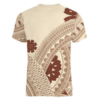 Bula Fiji Classic Masi Tapa Women V-Neck T-Shirt Vintage Beige LT7 - Polynesian Pride