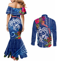 Guam Christmas Couples Matching Mermaid Dress and Long Sleeve Button Shirt Turtle Mix Tapa Felis Pasgua LT7 - Polynesian Pride
