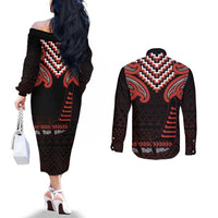 Maori Waitangi Couples Matching Off The Shoulder Long Sleeve Dress and Long Sleeve Button Shirt Kotahitanga Poutama Mix Whakairo LT7 - Polynesian Pride