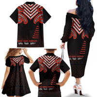 Maori Waitangi Family Matching Off The Shoulder Long Sleeve Dress and Hawaiian Shirt Kotahitanga Poutama Mix Whakairo LT7 - Polynesian Pride