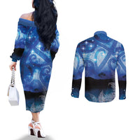 NZ Maori Matariki Scenery Couples Matching Off The Shoulder Long Sleeve Dress and Long Sleeve Button Shirt Galaxy Sky