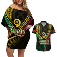 Personalised Vanuatu Couples Matching Off Shoulder Short Dress and Hawaiian Shirt 43rd Hapi Indipendens Long LT7 Black - Polynesian Pride