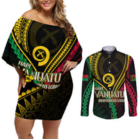 Personalised Vanuatu Couples Matching Off Shoulder Short Dress and Long Sleeve Button Shirts 43rd Hapi Indipendens Long LT7 Black - Polynesian Pride