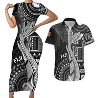 Fiji Rugby Personalised Bula Masi Couples Matching Short Sleeve Bodycon Dress and Hawaiian Shirt Fish Tail Kaivity Cibi - Black LT7 Black - Polynesian Pride