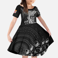 Fiji Rugby Personalised Bula Masi Family Matching Off The Shoulder Long Sleeve Dress and Hawaiian Shirt Fish Tail Kaivity Cibi - Black LT7 Daughter's Dress Black - Polynesian Pride