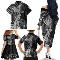 Fiji Rugby Personalised Bula Masi Family Matching Off The Shoulder Long Sleeve Dress and Hawaiian Shirt Fish Tail Kaivity Cibi - Black LT7 - Polynesian Pride