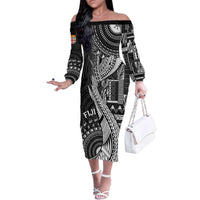 Fiji Rugby Personalised Bula Masi Family Matching Off The Shoulder Long Sleeve Dress and Hawaiian Shirt Fish Tail Kaivity Cibi - Black LT7 Mom's Dress Black - Polynesian Pride