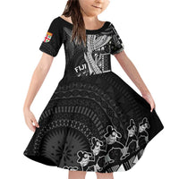 Fiji Rugby Personalised Bula Masi Family Matching Off Shoulder Short Dress and Hawaiian Shirt Fish Tail Kaivity Cibi - Black LT7 Daughter's Dress Black - Polynesian Pride