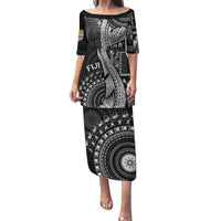 Fiji Rugby Personalised Bula Masi Family Matching Puletasi and Hawaiian Shirt Fish Tail Kaivity Cibi - Black LT7 Mom's Dress Black - Polynesian Pride