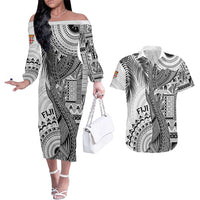 Fiji Rugby Personalised Bula Masi Couples Matching Off The Shoulder Long Sleeve Dress and Hawaiian Shirt Fish Tail Kaivity Cibi - White LT7 White - Polynesian Pride