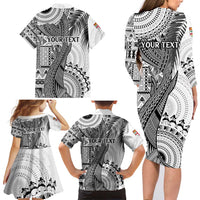 Fiji Rugby Personalised Bula Masi Family Matching Long Sleeve Bodycon Dress and Hawaiian Shirt Fish Tail Kaivity Cibi - White LT7 - Polynesian Pride