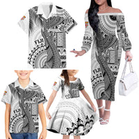 Fiji Rugby Personalised Bula Masi Family Matching Off The Shoulder Long Sleeve Dress and Hawaiian Shirt Fish Tail Kaivity Cibi - White LT7 - Polynesian Pride