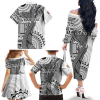 Fiji Rugby Personalised Bula Masi Family Matching Off The Shoulder Long Sleeve Dress and Hawaiian Shirt Fish Tail Kaivity Cibi - White LT7 - Polynesian Pride