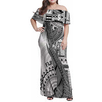 Fiji Rugby Personalised Bula Masi Family Matching Off Shoulder Maxi Dress and Hawaiian Shirt Fish Tail Kaivity Cibi - White LT7 Mom's Dress White - Polynesian Pride
