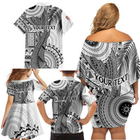 Fiji Rugby Personalised Bula Masi Family Matching Off Shoulder Short Dress and Hawaiian Shirt Fish Tail Kaivity Cibi - White LT7 - Polynesian Pride