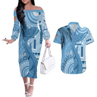Fiji Rugby Personalised Bula Masi Couples Matching Off The Shoulder Long Sleeve Dress and Hawaiian Shirt Fish Tail Kaivity Cibi - Turquoise LT7 Turquoise - Polynesian Pride