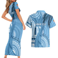 Fiji Rugby Personalised Bula Masi Couples Matching Short Sleeve Bodycon Dress and Hawaiian Shirt Fish Tail Kaivity Cibi - Turquoise LT7 - Polynesian Pride