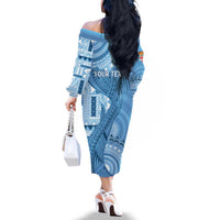 Fiji Rugby Personalised Bula Masi Family Matching Off The Shoulder Long Sleeve Dress and Hawaiian Shirt Fish Tail Kaivity Cibi - Turquoise LT7 - Polynesian Pride