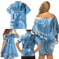 Fiji Rugby Personalised Bula Masi Family Matching Off Shoulder Short Dress and Hawaiian Shirt Fish Tail Kaivity Cibi - Turquoise LT7 - Polynesian Pride