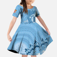 Fiji Rugby Personalised Bula Masi Family Matching Puletasi and Hawaiian Shirt Fish Tail Kaivity Cibi - Turquoise LT7 Daughter's Dress Turquoise - Polynesian Pride