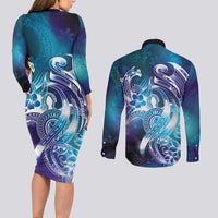 Aloha Hawaii Turtle Couples Matching Long Sleeve Bodycon Dress and Long Sleeve Button Shirt Teal Purple Ribbon LT7 - Polynesian Pride
