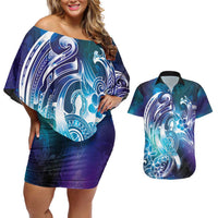 Aloha Hawaii Turtle Couples Matching Off Shoulder Short Dress and Hawaiian Shirt Teal Purple Ribbon LT7 Purple Teal - Polynesian Pride