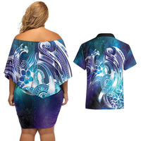 Aloha Hawaii Turtle Couples Matching Off Shoulder Short Dress and Hawaiian Shirt Teal Purple Ribbon LT7 - Polynesian Pride