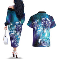 Aloha Hawaii Turtle Couples Matching Off The Shoulder Long Sleeve Dress and Hawaiian Shirt Teal Purple Ribbon LT7 - Polynesian Pride