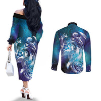 Aloha Hawaii Turtle Couples Matching Off The Shoulder Long Sleeve Dress and Long Sleeve Button Shirt Teal Purple Ribbon LT7 - Polynesian Pride