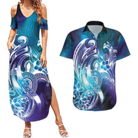 Aloha Hawaii Turtle Couples Matching Summer Maxi Dress and Hawaiian Shirt Teal Purple Ribbon LT7 Purple Teal - Polynesian Pride