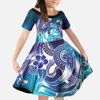 Aloha Hawaii Turtle Family Matching Long Sleeve Bodycon Dress and Hawaiian Shirt Teal Purple Ribbon LT7 Daughter's Dress Purple Teal - Polynesian Pride