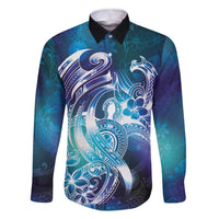 Aloha Hawaii Turtle Family Matching Off The Shoulder Long Sleeve Dress and Hawaiian Shirt Teal Purple Ribbon LT7 Dad's Shirt - Long Sleeve Purple Teal - Polynesian Pride